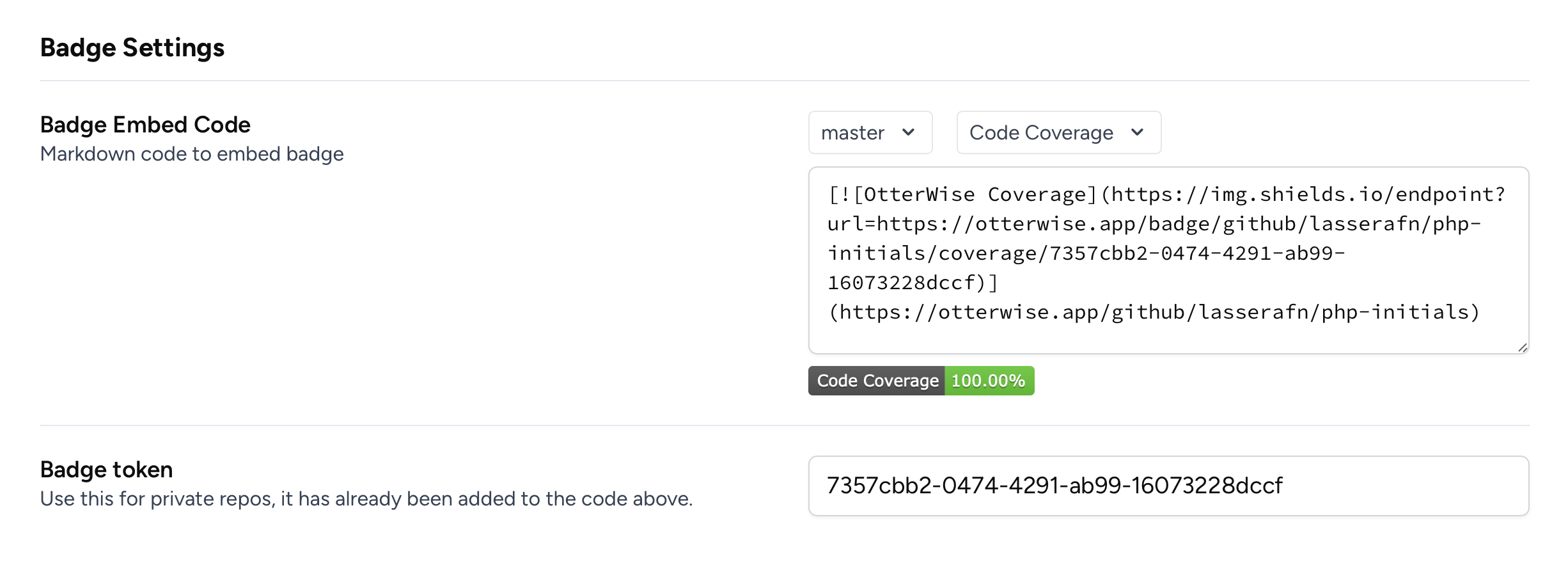 Screenshot from settings page in OtterWise which shows the badge code and token