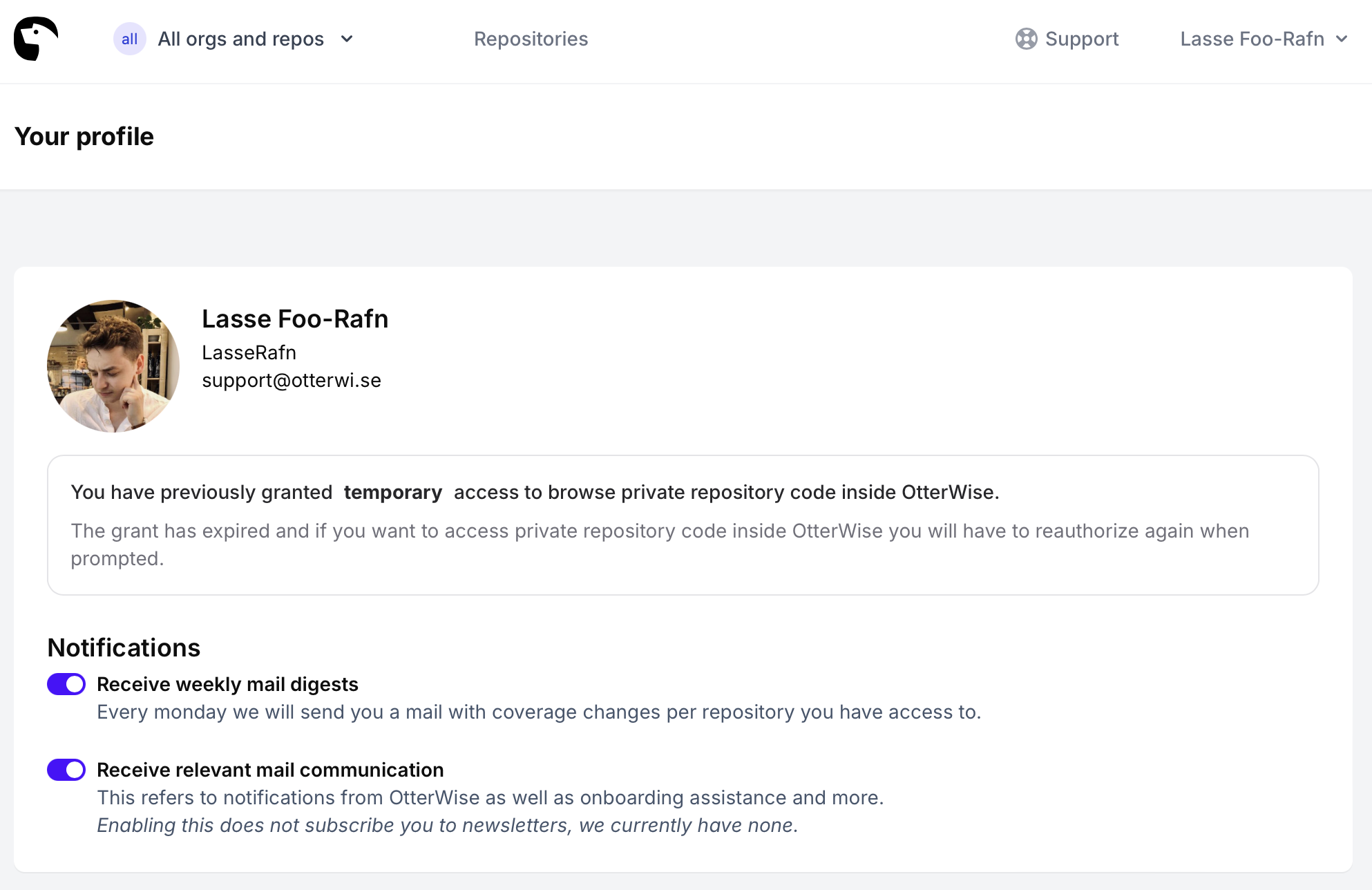 Screenshot from profile page in OtterWise which shows that the code viewer token is revoked