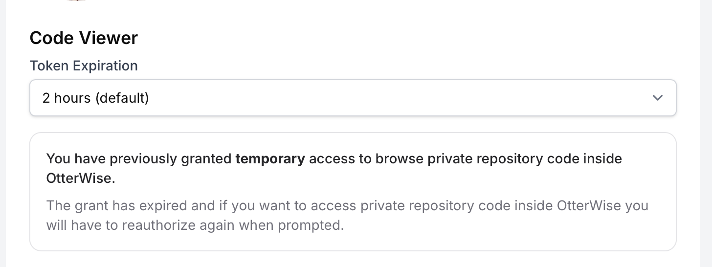 Screenshot from profile page in OtterWise which shows token expiration setting